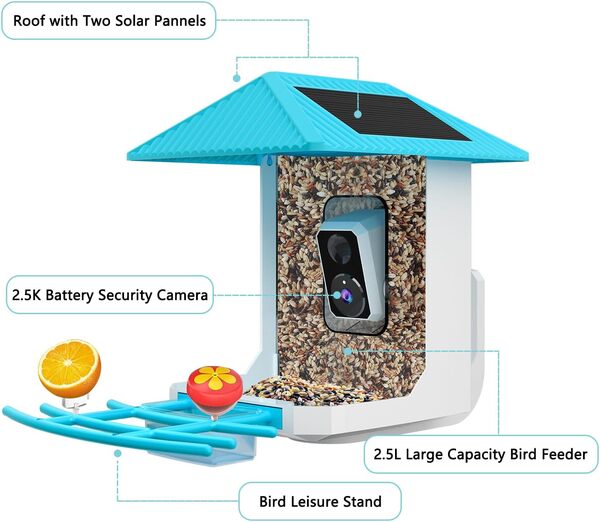 Mangeoire intelligente pour oiseaux 2,5 K avec caméra, caméra d'observation des oiseaux avec identification IA des espèces d'oiseaux, mangeoire à oiseaux d'extérieur avec panneau solaire pour les