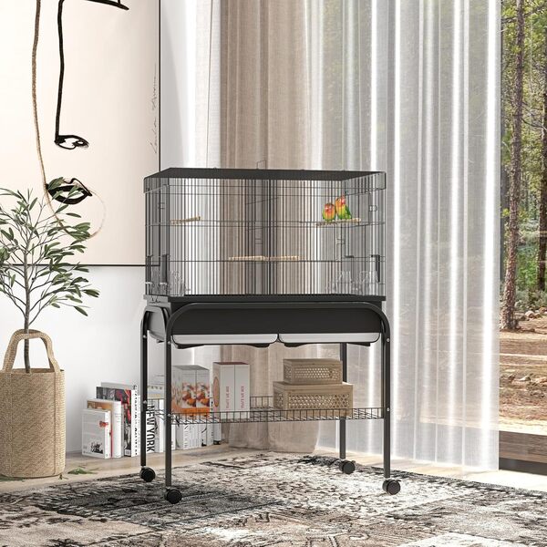 PawHut Grand Cage Oiseaux, Cage Perroquet, volière Oiseaux intérieur extérieur, avec Support, roulettes pour cacatoès Perruche canaris Perroquet, Acier, 85 x 49 x 119 cm, Noir