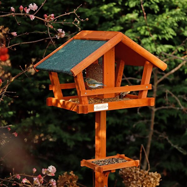 lionto Mangeoire pour Oiseaux en Bois avec Toit résistant, Support Stable, piquets et Bord Anti-gaspillage, idéale Toute l’année pour Jardin, terrasse ou Balcon