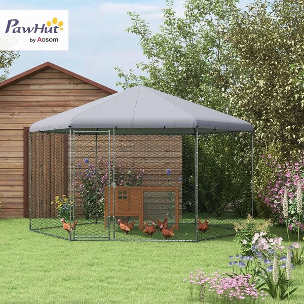 PawHut enclos extérieur Poulailler 400 x 346 x 263 cm en Acier, Cage à Poules avec Couvercle, Porte, enclos pour 10-15 Poules, Petits Animaux & Plantes Gris