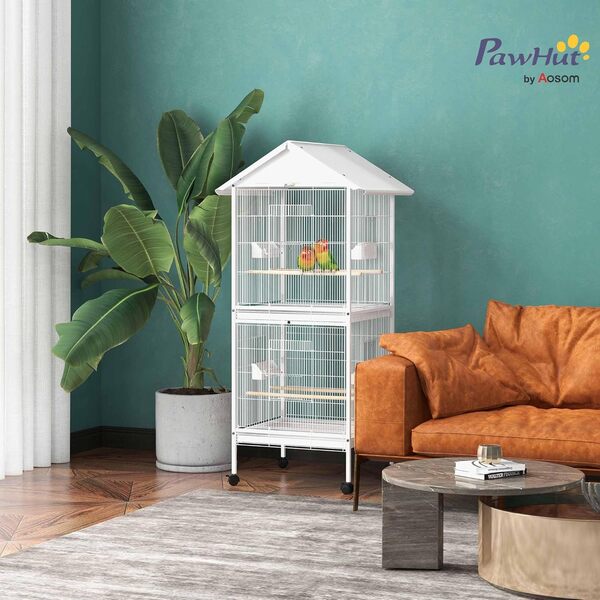 PawHut Volière Cage à Oiseaux sur roulettes Design Maison mangeoires perchoirs Portes Plateaux excréments Amovibles métal Blanc
