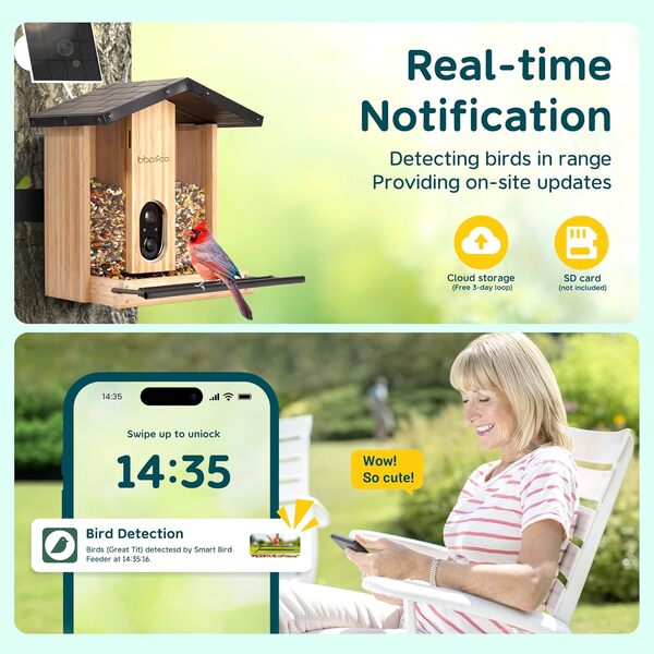 Mangeoire à oiseaux intelligente avec caméra, mangeoire à oiseaux en bambou avec caméra à énergie solaire