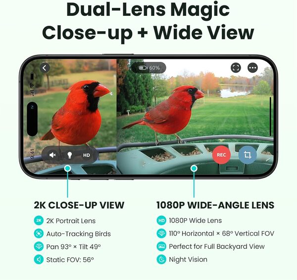 Birdfy Lot de 2 mangeoires à oiseaux intelligentes avec caméra, double objectif, énergie solaire, observation des oiseaux, sans fil, IA permanente identifie plus de 6000 espèces d'oiseaux et détection