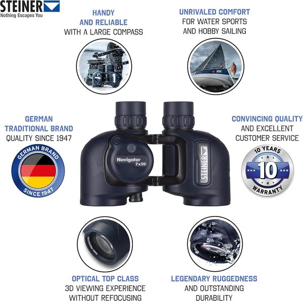 STEINER Jumelles Marine Navigator 7x50c - Boussole stabilisée HD, Optique de qualité Allemande, Pont Ouvert, étanche 5m, Faite pour Les Amateurs de Sports Nautiques et Les Marins Amateurs