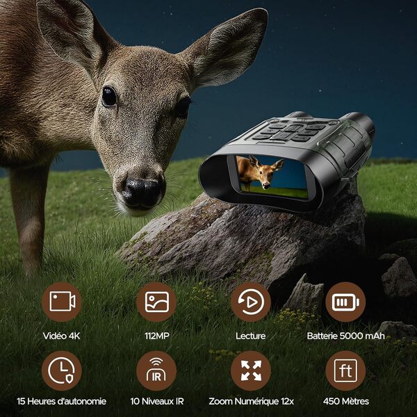 Jumelle Vision Nocturne, 4K UHD 112MP Jumelles Vision Nocturne avec Carte 64GB Batterie & 5000mAh Rechargeable, Jumelle Infrarouge Vision Nocturne Zoom Numérique 12X Portée 450m