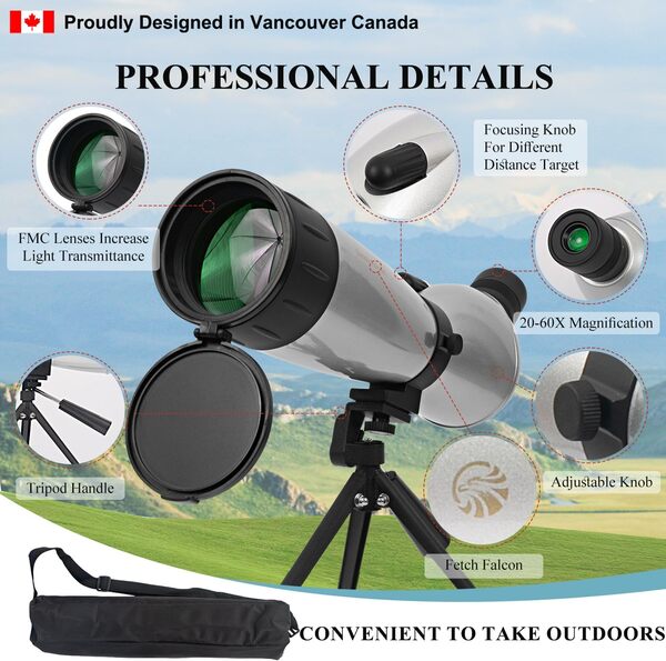 Fetch Falcon FMC HD BAK4 Longue-vue (troisième génération, résistant à l'eau, longue portée) avec trépied en métal et sac de transport (20-60 x 80 avec adaptateur pour téléphone argenté)