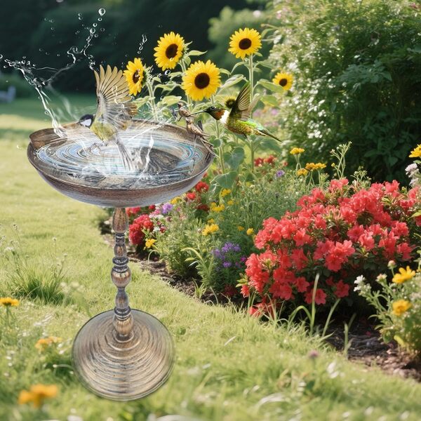 Bain d'oiseaux pour Extérieur, Mangeoire à Oiseaux sur Pied pour Extérieur, Décoration en Fer Forgé Vieilli – Bassin pour Colibris, Perruches et Perroquets – Terrasse ou Pelouse