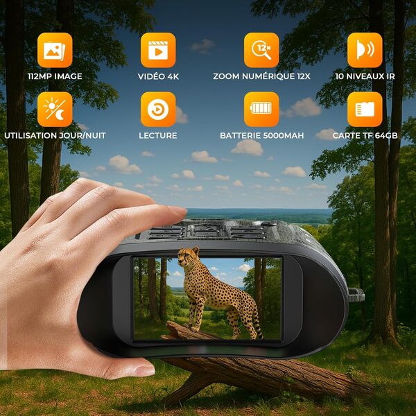 4K Jumelles Vision Nocturne, 112 MP Jumelles Nocturnes avec Zoom 12X portée & Batterie 5000mAh Rechargeable, Carte 64GB Incluse, Vision Infrarouge