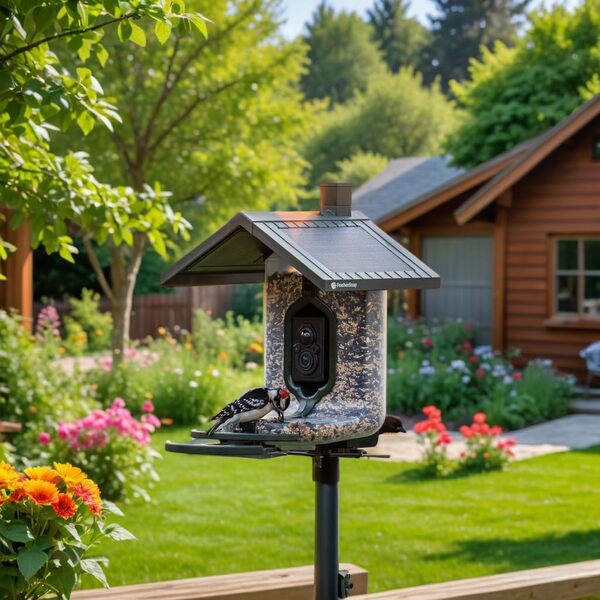 Mangeoire à oiseaux intelligente avec identification IA et Wi-Fi à énergie solaire, capture des images et des vidéos HD envoyées directement sur votre téléphone (mangeoire et perche)
