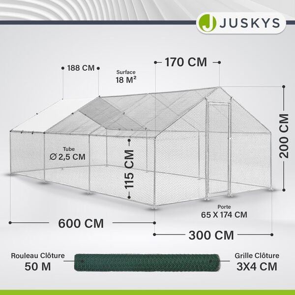 Enclos Juskys 3 x 6 x 2 m — Poulailler en métal Accessible d'une Surface de 18 m² avec Porte et verrou — Enclos pour Poules, Petits Animaux et Plantes