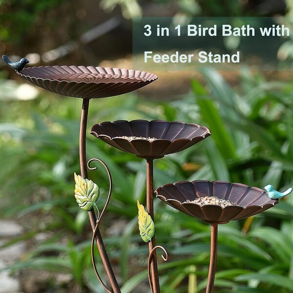Mangeoire à oiseaux en fer et baignoire pour l'extérieur, bain d'oiseaux à 3 niveaux avec mangeoires, bols autoportants pour extérieur, jardin, porche, 88,9 cm de hauteur