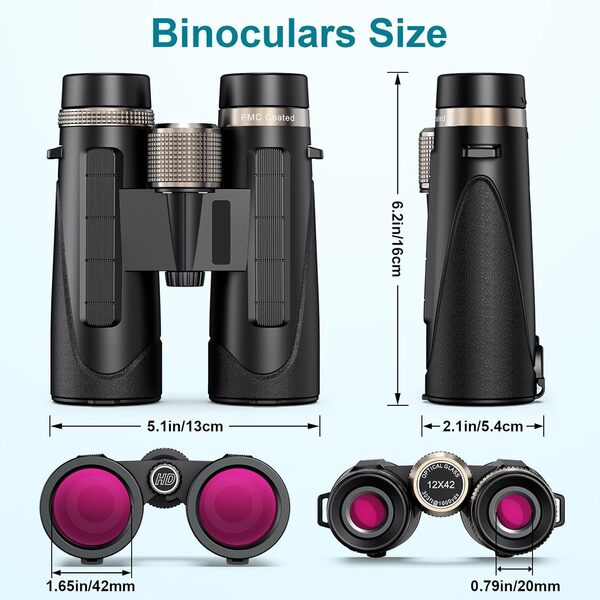 Jumelles pour Adultes 12 x 42, Jumelles puissantes, avec BAK4 Prism FMC lentille, Jumelle pour Observation des Oiseaux, Chasse, Football, Voyage