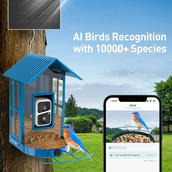 SOLIOM Bird Feeder with Camera Wireless Outdoor,Video Bird Feeder Camera with AI Identify Bird Species,Auto Record Bird Video & Notify You,5W Solar Panel,IP65 Weatherproof,Metal Case BF08(Blue)