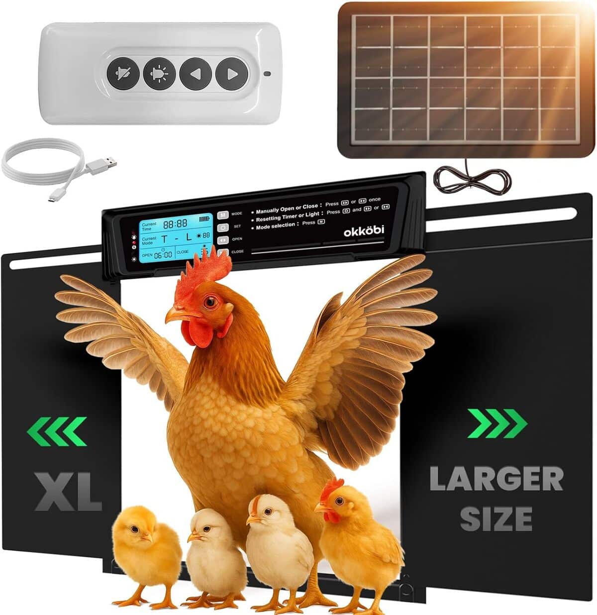Test du porte poulailler automatique Okköbi : écran LCD et panneau solaire inclus