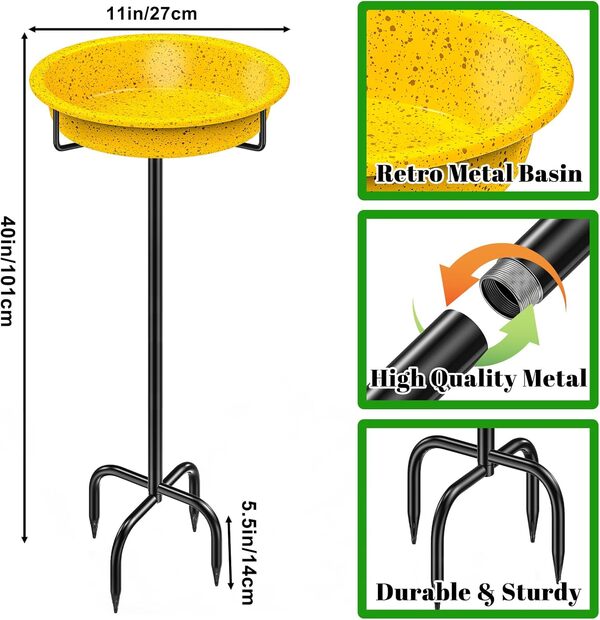 Bain d'oiseaux en métal pour l'extérieur, autoportant, décoration amovible, mangeoire à oiseaux, mangeoire pour oiseaux, mangeoire pour extérieur, jardin, terrasse, cour, pelouse (jaune)