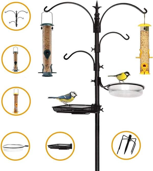AshmanOnline Station d'alimentation des Oiseaux Haut de Gamme avec 2 mangeoires - Chargeur Multi Pole Stand kit avec 4 Crochets Bird Bath et 5 Prong Base - 22