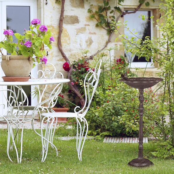 Relaxdays Abreuvoir en Fonte sur Pied, Soucoupe mangeoire pour Oiseaux Sauvages 74,5 cm Haut, Brun, Marron