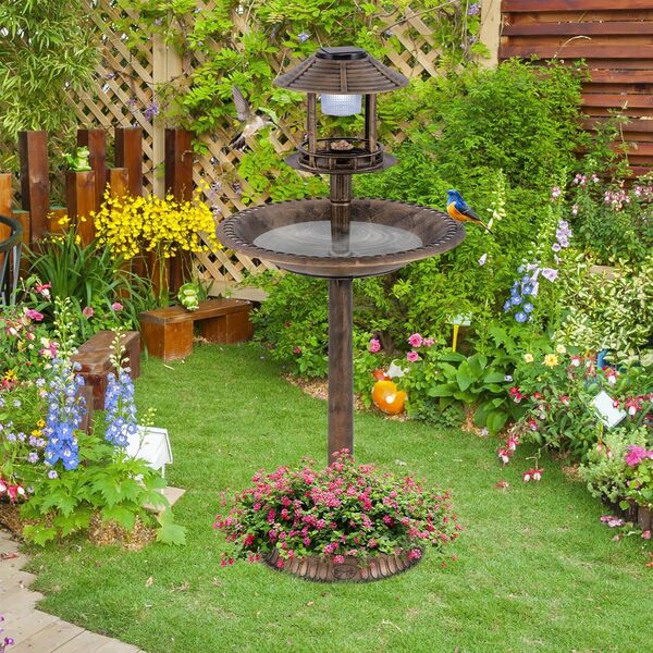 COSTWAY Bain d'oiseaux 3 en 1 Énergie Solaire, Décoration d'Extérieur sur Pied Rétro Éclairé avec Lampe Base de Jardinière de Fleurs Mangeoire, Abreuvoir pour Oiseaux Léger pour Jardin (Bronze)