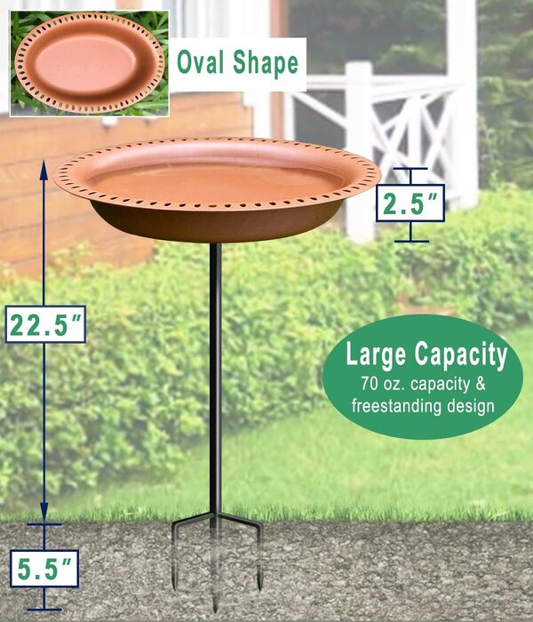 Bain d'oiseaux d'extérieur autoportant pour Le Jardin - Support de mangeoire Antique avec Base en métal - 71,1 cm de Haut - Forme Ovale - Marron