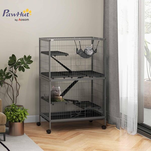 Pawhut Cage pour rongeurs Multifonction 4 Plateformes 3 rampes 4 Portes dim. 80L x 52l x 128H cm métal Gris argenté Noir
