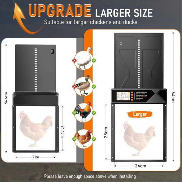 Rsaoty Clapet solaire pour poulailler - Taille mise à niveau automatique - Avec minuterie, capteur de lumière, télécommande, protection intelligente contre le pincement