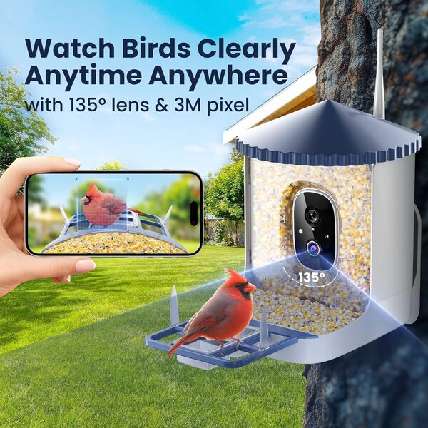 SOLIOM BF02 Mangeoire pour oiseaux avec caméra sans fil pour extérieur, caméra d'observation des oiseaux sauvages 2K HD avec vision nocturne en couleur, identification IA des espèces d'oiseaux, vue en