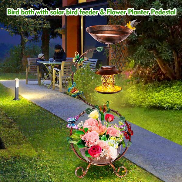 YADOOLIFE Bain d'oiseaux et mangeoire Solaire de 96 cm avec piédestal pour Fleurs, Bain d'oiseaux décoratif avec Papillon pour l'extérieur, Jardin, Cour, résistant aux intempéries