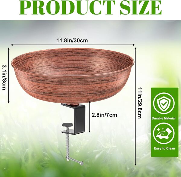 YALINKA Baignoire pour oiseaux en métal avec pince réglable en métal robuste, amovible et robuste pour décoration de jardin, cour et pelouse (cuivre rétro)