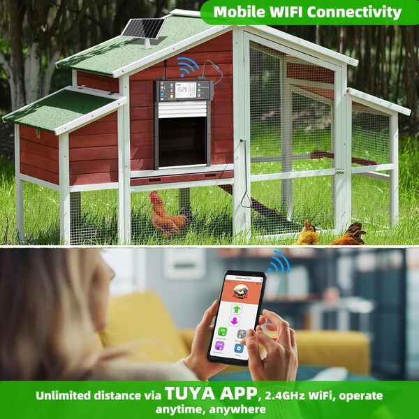 Porte Poulailler Automatique Solaire, Contrôle TUYA App & Télécommande 200 m, Batterie 4000mAh, Écran LCD, Ouverture Programmable & Capteur de Lumière, Porte Automatique Résistante au Froid